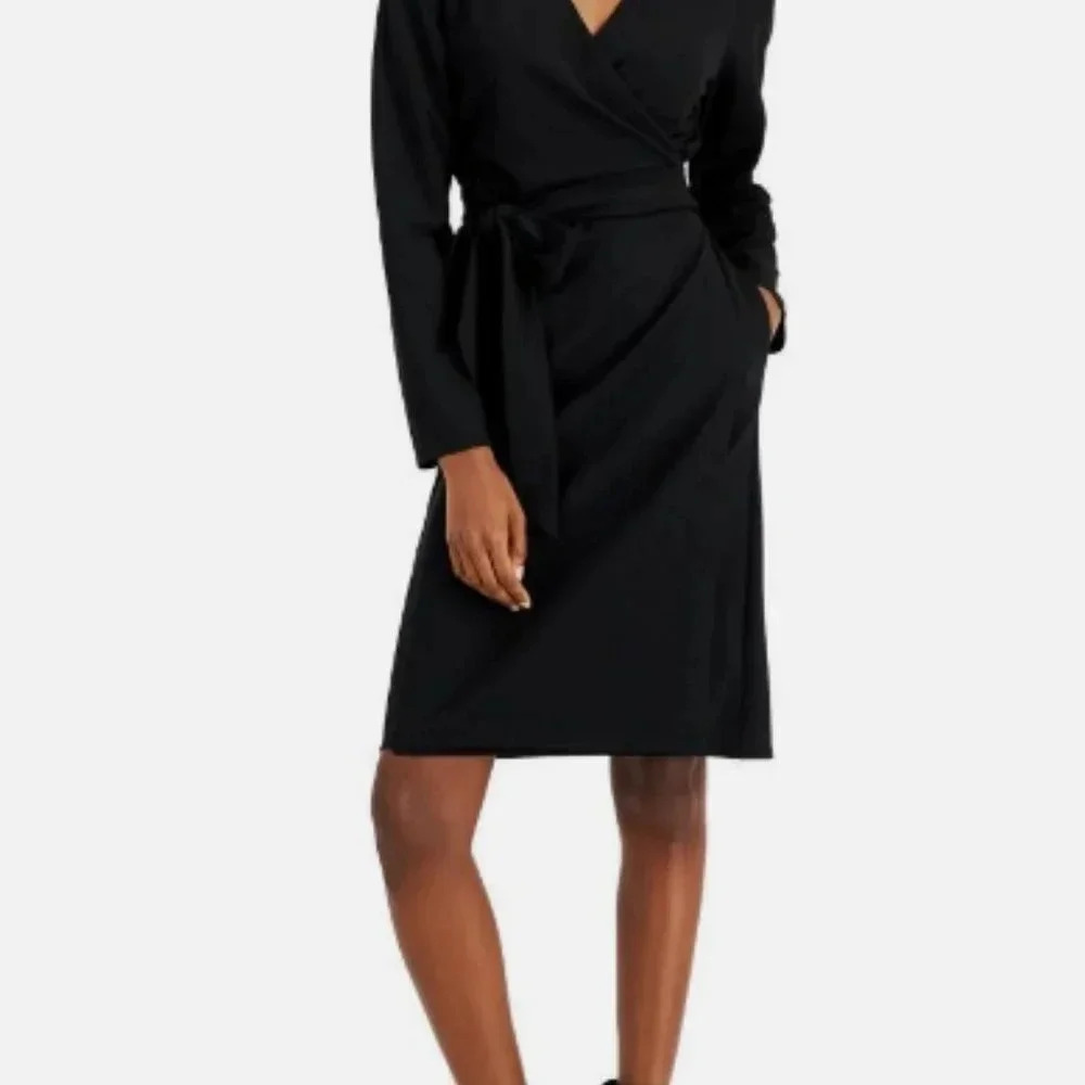 Alfani Women's Deep Black Petite Belted Wrap Surplice Neck‎ Dress Med NWT